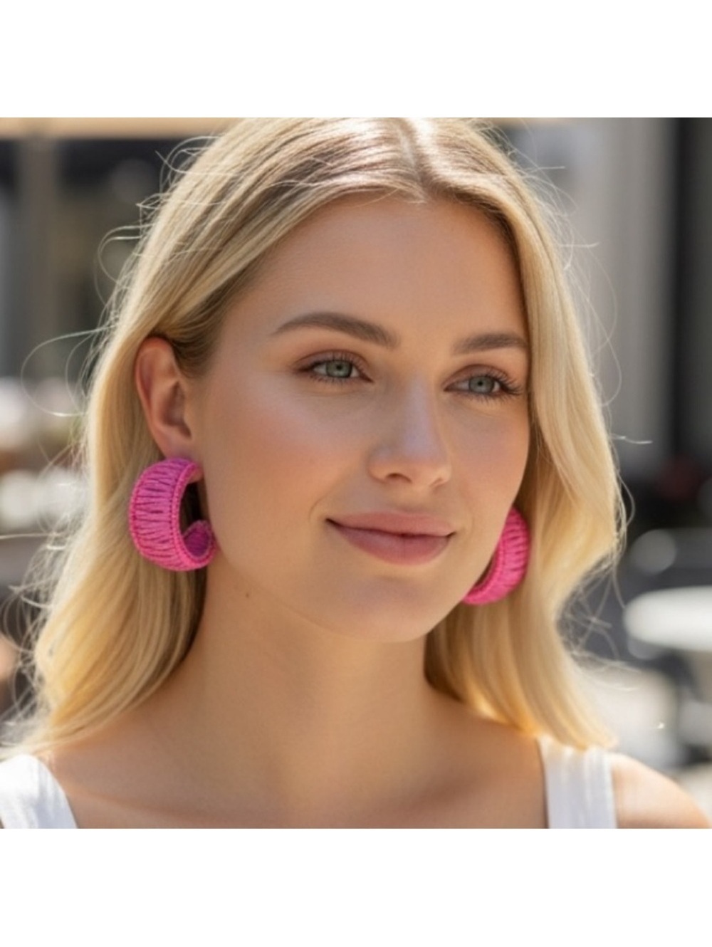 On 34th Pink Beaded Raffia Hoop Earrings NEW